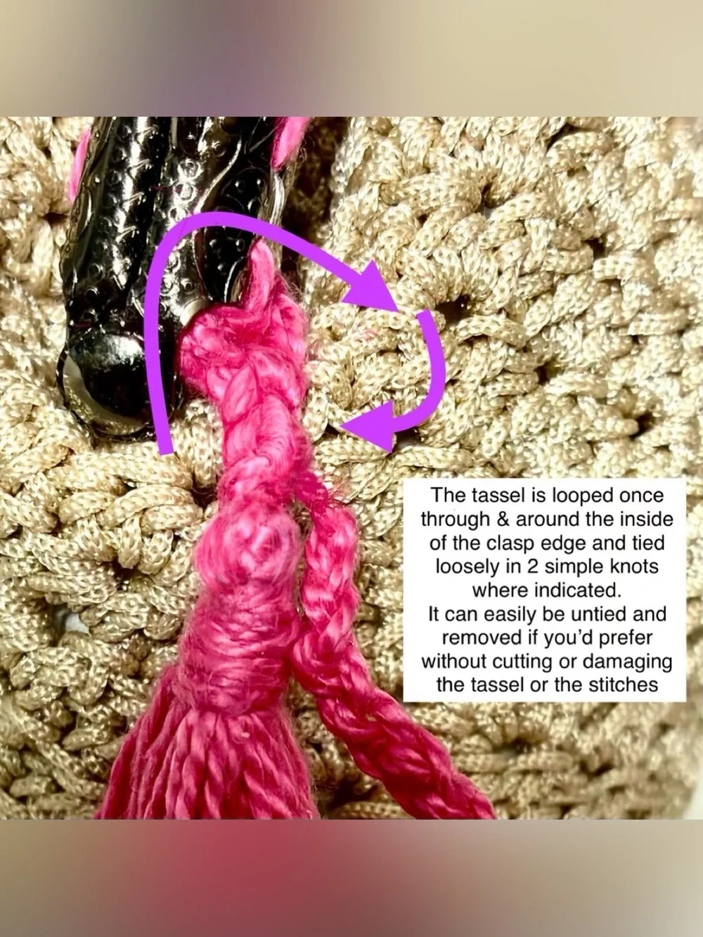Champagne Crème Silk Crochet MD Sz Coin Purse w Pink Tassel & Pearl Wrist Strap